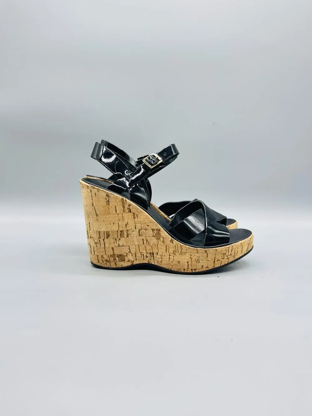 Kork Ease Sandals Womens 6 Black Patent Leather Bette II Strappy Cork Wedge Shoe